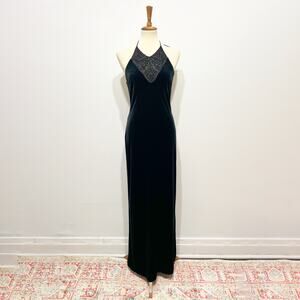 Vintage 90's Black Velvet Maxi Halter Dress Size 6